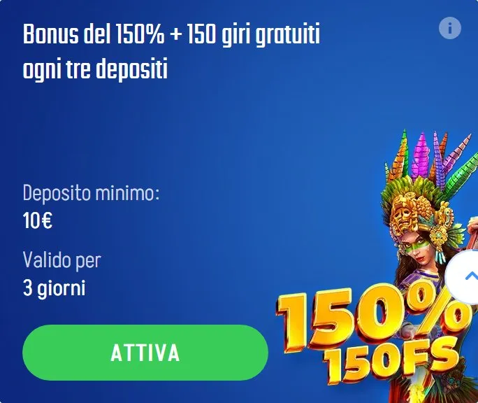 09 bonus del 150 150 giri gratuiti ogni tre depositi 150 percento